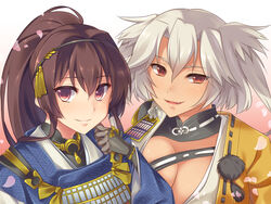  2girls bad_id bad_pixiv_id black_gloves brown_eyes brown_hair cherry_blossoms chihiro4649 cosplay dark-skinned_female dark_skin fangs gloves hair_ornament japanese_clothes kantai_collection kogitsunemaru kogitsunemaru_(cosplay) long_hair mikazuki_munechika mikazuki_munechika_(cosplay) multiple_girls musashi_(kancolle) no_eyewear oerba_yun_fang ponytail purple_eyes sayagata smile touken_ranbu white_hair yamato_(kancolle) 