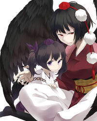  2girls aged_down alternate_costume bird_wings black_hair black_thighhighs black_wings bow brown_hair commentary_request fingernails hair_ornament hairbow hat himekaidou_hatate hisame_(gocbu) kourindou_tengu_costume long_fingernails long_sleeves looking_at_viewer multiple_girls nail_polish obi pants pom_pom_(clothes) purple_eyes red_eyes sash shameimaru_aya short_hair simple_background sitting string thighhighs tokin_hat touhou twintails vest white_background wide_sleeves wings 