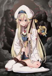  bad_id bad_pixiv_id blonde_hair blood blue_eyes broken_staff dress female gem glowing glowing_eyes goblin goblin_slayer! hair_between_eyes hat highres imminent_rape long_hair long_sleeves looking_down momose_oden navel open_mouth priestess_(goblin_slayer!) red_eyes solo staff thighhighs torn_clothes very_long_hair white_hat white_thighhighs 