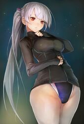  commentary_request competition_swimsuit female highres one-piece_swimsuit original ponytail rash_guard red_eyes solo swimsuit swimsuit_under_clothes taishi_(picchiridou) tsuru-chan white_hair 