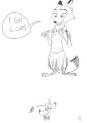  2017 absurd_res anthro armor black_and_white canid canine clothed clothing coconut coconut_bra dialogue disney drupe_(fruit) duo english_text female food fox fruit grass_skirt headgear helmet hi_res humor ittybittykittytittys kris_(zootopia) male mammal melee_weapon monochrome mustelid nick_wilde otter plant polearm red_fox signature simple_background spear speech_bubble text true_fox weapon white_background zootopia 