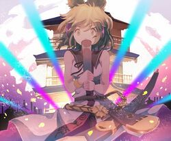  bad_id bad_pixiv_id blonde_hair brown_eyes building dress earmuffs female green_dress kinkaku-ji pagoda ritual_baton sky sleeveless solo sword tokoroten_(hmmuk) touhou toyosatomimi_no_miko weapon 