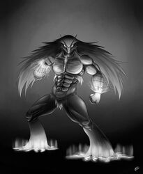  2017 3_fingers abs absurd_res anthro anthrofied avian beak biceps big_muscles biped blaziken feathers fighting_pose fingers fire fist generation_3_pokemon grey_background greyscale hair hi_res long_hair looking_at_viewer male manly monochrome muscular muscular_anthro muscular_male naturally_censored nintendo nude pecs pokemon pokemon_(species) pokemorph pose pseudo_clothing quads serratus signature simple_background sleepingeel solo triceps vein veiny_muscles 