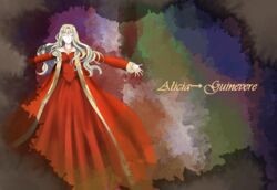  bare_shoulders blonde_hair character_name circlet closed_eyes collarbone commentary_request dress female fire_emblem fire_emblem:_the_binding_blade guinevere_(fire_emblem) jewelry long_dress long_hair long_sleeves multicolored_background outstretched_arms red_dress shoochiku_bai solo 