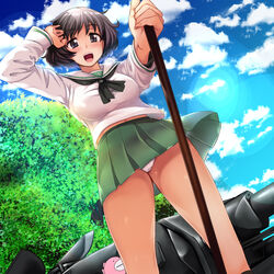  akiyama_yukari anglerfish bad_id bad_pixiv_id blouse brown_eyes brown_hair cloud cloudy_sky commentary day dutch_angle emblem female fish girls_und_panzer green_skirt highres hubrael lens_flare long_sleeves looking_at_viewer messy_hair military military_vehicle miniskirt motor_vehicle neckerchief ooarai_school_uniform open_mouth outdoors panties pantyshot panzer_iv photoshop_(medium) pleated_skirt school_uniform serafuku shirt short_hair skirt sky smile solo standing tank tree underwear upskirt white_panties white_shirt wind wind_lift 