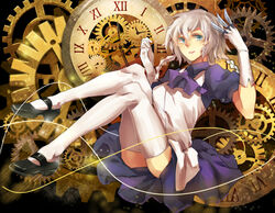  analog_clock apron ascot between_fingers blue_eyes braid clock clockwork commentary_request female gloves highres holding holding_knife izayoi_sakuya knife knives_between_fingers legs_up looking_at_viewer maid mary_janes puffy_short_sleeves puffy_sleeves roman_numeral shoes short_hair short_sleeves solo sunyuqian thighhighs touhou twin_braids weapon white_gloves white_hair white_thighhighs 