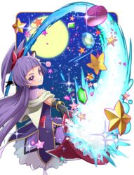  :3 bad_id bad_pixiv_id black_gloves black_hat blue_background bow capelet commentary_request cowboy_shot cure_magical elbow_gloves female full_moon gem gloves hairbow hat izayoi_liko long_hair looking_at_viewer looking_back magic magical_girl mahou_girls_precure! mini_hat mini_witch_hat moon naokado precure purple_eyes purple_hair purple_skirt red_bow red_hat skirt smile solo star_(symbol) witch_hat 