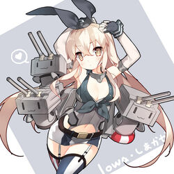  alternate_costume blonde_hair brown_eyes caramelldansen character_name commentary_request cosplay cowboy_shot creator_connection female fingerless_gloves gloves hairband heart iowa_(kancolle) iowa_(kancolle)_(cosplay) kantai_collection long_hair microskirt navel photoshop_(medium) rensouhou-chan saru shimakaze_(kancolle) skirt spoken_heart turret very_long_hair 