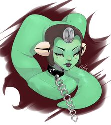  alien alien_humanoid ambiguous_gender black_collar chains collar collar_ring collarbone green_body green_skin humanoid leash lekku_(anatomy) lipstick looking_at_viewer makeup metal_chain nite not_furry oola pseudo_hair simple_background solo star_wars twi&#039;lek 