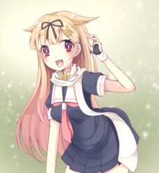  bad_id bad_pixiv_id black_ribbon black_serafuku black_skirt blonde_hair cowboy_shot female fingerless_gloves gloves hair_flaps hair_ornament hair_ribbon hairclip kantai_collection kinubari_nerune long_hair looking_at_viewer neckerchief oerba_yun_fang open_mouth pleated_skirt red_eyes red_neckerchief ribbon scarf school_uniform serafuku skirt smile solo white_scarf yuudachi_(kancolle) yuudachi_kai_ni_(kancolle) 