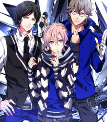  3boys bad_id bad_pixiv_id black_hair brown_hair fingerless_gloves glasses gloves long_sleeves male_focus mikado_nagi multiple_boys necktie ootori_eiichi pink_eyes pink_hair purple_eyes scarf smile sumeragi_kira sweater uta_no_prince-sama uta_no_prince-sama_maji_love_2000_percent yellow_eyes yuna_(rutera) 