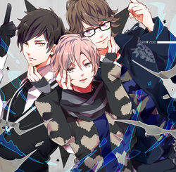  3boys bad_id bad_pixiv_id black_hair brown_hair glasses grey_eyes isago_(ica) long_sleeves male_focus mikado_nagi multiple_boys necktie ootori_eiichi open_mouth pink_hair purple_eyes scarf smile sumeragi_kira sweater uta_no_prince-sama uta_no_prince-sama_maji_love_2000_percent yellow_eyes 