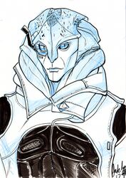  alien angara bioware clothed clothing electronic_arts furgonomics furry-specific_piercing humanoid jaal_ama_darav jakface male mass_effect mixed_media monochrome not_furry piercing pupils scar simple_background slit_pupils smile solo traditional_media_(artwork) white_background 