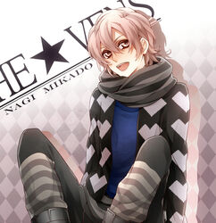  1boy bad_id bad_pixiv_id male_focus mikado_nagi open_mouth pink_eyes pink_hair rico_(fbn3) scarf smile solo sweater uta_no_prince-sama uta_no_prince-sama_maji_love_2000_percent 