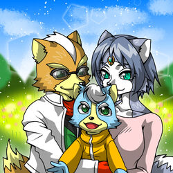  1:1 anthro black_nose blue_body blue_fur blue_hair brown_body brown_fur canid canine clothing cloud daww eyewear family father_(lore) female fox fox_mccloud fur gem grass green_eyes group hair hug jacket jewelry krystal_(star_fox) lolicon male mammal marcus_mccloud masa20washi mother_(lore) nintendo open_mouth parent_(lore) plant romantic romantic_couple scarf short_hair smile star_fox sunglasses topwear white_body white_fur young 