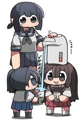  3girls airpot akagi_(kancolle) bad_id bad_twitter_id black_hair blue_hakama brown_hair chibi commentary_request cup_ramen food fubuki_(kancolle) hakama hakama_skirt highres japanese_clothes kaga_(kancolle) kakuzatou_(koruneriusu) kantai_collection kimono long_hair multiple_girls object_on_head pleated_skirt ponytail red_hakama school_uniform serafuku short_hair skirt sweatdrop tasuki translated water_boiler white_background 