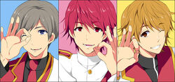  3boys :d ;) alternate_costume bad_id bad_pixiv_id blonde_hair blue_background blue_eyes commentary_request epaulettes grey_hair ku--ma maiyama_shun male_focus multiple_boys necktie ok_sign one_eye_closed open_mouth photoshop_(medium) pink_background pink_eyes pink_hair saeki_kira shounen_hollywood simple_background smile tomii_daiki upper_body yellow_background yellow_eyes 