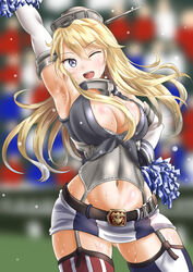  ;d armpits bad_id bad_pixiv_id blonde_hair blue_eyes breasts cleavage female garter_straps iowa_(kancolle) kantai_collection kasugano_tobari large_breasts long_hair miniskirt one_eye_closed open_mouth pom_pom_(cheerleading) skirt smile solo striped thighhighs vertical_stripes 