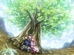  commentary dragon_quest dragon_quest_ii dress female hood hood_up leaf long_hair long_sleeves multiple_boys nakajima_majikana outdoors prince_of_lorasia prince_of_samantoria princess princess_of_moonbrook purple_hair robe short_hair tree white_dress white_robe 