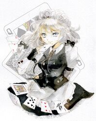  ace_(playing_card) ace_of_clubs ace_of_hearts bad_id bad_twitter_id black_gloves blue_eyes braid card club_(shape) female fingerless_gloves gloves grey_hair heart izayoi_sakuya jack_(playing_card) jack_of_clubs_(playing_card) joker_(playing_card) keiko_(mitakarawa) maid maid_headdress playing_card queen_(playing_card) queen_of_spades ribbon seven_of_clubs short_hair smile solo three_of_hearts touhou traditional_media twin_braids white_hair 