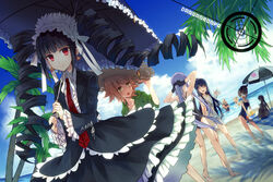  1boy 6+girls asahina_aoi barefoot beach beach_towel beach_umbrella bikini black_hair black_one-piece_swimsuit blue_hair bonnet braid breasts brown_hair celestia_ludenberg claw_ring cleavage cloud commentary_request copyright_name crossdressing danganronpa:_trigger_happy_havoc danganronpa_(series) dappled_sunlight dark_skin day drill_hair dutch_angle enoshima_junko fujisaki_chihiro fukawa_toko glasses gloves gothic_lolita hair_ornament hairclip hat hood hoodie kirigiri_kyoko kneepits lolita_fashion long_hair looking_at_viewer maizono_sayaka medium_breasts multiple_girls navel necktie ocean ogami_sakura one-piece_swimsuit open_mouth otoko_no_ko outdoors parasol pink_hair purple_eyes purple_hair red_eyes school_uniform serafuku shade short_hair sitting sky smile splashing standing straw_hat sunlight suzushiro_kurumi swimsuit towel tree_shade twin_braids twin_drills twintails umbrella white_bikini 