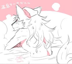  anthro bathing blush canid canine canis hair hati_(tas) hot_spring kemono lifewonders long_hair looking_at_viewer male mammal simple_background skinny solo star_parlor tokyo_afterschool_summoners towel water wolf 