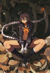  ahoge artist_name barefoot black_sailor_collar black_skirt black_socks blue_eyes bone breasts brown_hair claws cleavage closed_mouth colho_(lansane) commentary_request female hair_between_eyes highres huge_ahoge lansane leg_warmers long_sleeves looking_at_viewer open_clothes open_shirt original outdoors pleated_skirt ribbed_legwear rock sailor_collar school_uniform serafuku signature sitting skirt small_breasts smile socks solo spread_legs tail toeless_legwear 