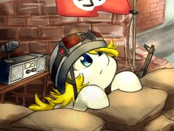  ambiguous_gender armor aryanne aryanne_(character) blonde_hair bunker earth_pony electronics equid equine fan_character feral flag gun hair hasbro headgear helmet horse mammal microphone my_little_pony nazi pony radio ranged_weapon solo swastika weapon 