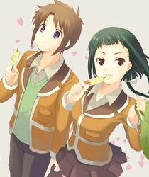  1boy bad_id bad_pixiv_id bag blazer blunt_bangs brown_hair brown_skirt dango eating female food green_hair jacket low_ponytail lowres miton_(ton321) my-hime okuzaki_akira petals ponytail purple_eyes school_uniform short_hair skirt sweater_vest tokiha_takumi wagashi 