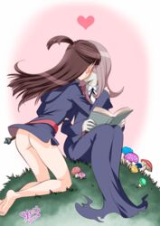  2girls ass bad_id bad_pixiv_id barefoot book bottomless brown_hair commentary_request dated dress feet grass heart kagari_atsuko kissing kneeling legs little_witch_academia long_dress long_hair multiple_girls mushroom no_panties ono_toshihiro open_book outdoors pale_skin pink_hair ponytail school_uniform short_dress sitting soles sucy_manbavaran thighs yuri 