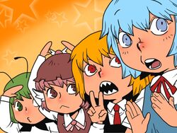  4girls :&lt; animal_ears antennae blonde_hair blue_eyes blue_hair bow cirno commentary_request green_hair hat multiple_girls mystia_lorelei o3o onikobe_rin pantsu_marumie pink_hair red_eyes rumia sharp_teeth short_hair team_9_(touhou) teeth touhou wriggle_nightbug 