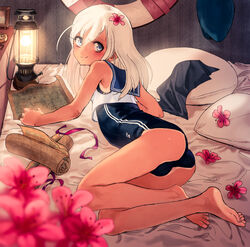  ass bad_id bad_pixiv_id barefoot blonde_hair blue_eyes chiitaki female flower full_body hair_flower hair_ornament highres kantai_collection lamp lifebuoy long_hair looking_at_viewer map photoshop_(medium) ro-500_(kancolle) solo swim_ring swimsuit swimsuit_under_clothes tan 