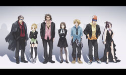  3girls 4boys applemac auron beard blonde_hair blue_headband braid breasts brown_hair cleavage closed_eyes commentary_request dress facial_hair final_fantasy final_fantasy_x formal frown ghost_in_the_shell_lineup green_eyes hands_in_pockets headband heterochromia high_heels highres hood hoodie jecht letterboxed lineup lulu_(ff10) medium_breasts multiple_boys multiple_girls necktie orange_hair pants photoshop_(medium) red_eyes rikku_(ff10) scar shadow shoes skirt smile sunglasses tattoo thighhighs tidus wakka yuna_(ff10) 