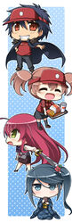  1boy 3girls black_hair blue_eyes brown_eyes brown_hair chibi commentary_request employee_uniform fast_food_uniform hataraku_maou-sama! japanese_clothes kamazuki_suzuno kimono long_hair maou_sadao multiple_girls photoshop_(medium) red_hair sasaki_chiho short_hair short_twintails side_ponytail skirt tsuda_akira twintails uniform visor_cap yellow_eyes yusa_emi 