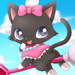  1:1 accessory aimia492 ass black_body black_fur blush bow_(feature) bow_accessory bow_ribbon broom centered_hair_bow cleaning_tool cloud detailed_background diana_(jewelpet) domestic_cat eyelashes felid feline felis female feral fur gem grey_eyes hair_accessory hair_ribbon hairbow icon jewelpet jewelry looking_at_viewer low_res mammal munchkin_cat necklace open_mouth outside ribbons sanrio sega sega_fave sky solo white_body white_fur 