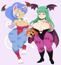  2018 absurd_res animal_humanoid big_breasts blue_hair boots breasts butt_wings candy capcom cat_humanoid cleavage clothed clothing collaboration costume curvy_figure darkstalkers demon dessert duo felicia_(darkstalkers) felid felid_humanoid feline feline_humanoid female food footwear green_hair hair hi_res high_heeled_boots high_heels humanoid jinu lilith_aensland long_hair mammal mammal_humanoid morrigan_aensland one_eye_closed purple_yoshi_draws simple_background smile standing succubus_costume thick_thighs voluptuous wide_hips wings 