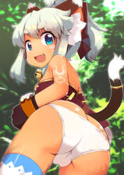  animal_ears ass blue_eyes butt_crack cat_ears cat_tail commentary_request dutch_angle female from_behind gloves lillithlauda looking_back oerba_yun_fang panties ponytail priget sidelocks solo standing tail tail_ornament tail_ring tan thighhighs underwear 