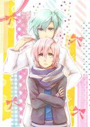  2boys blue_eyes blue_hair commentary_request grey_eyes height_difference highres male_focus mikado_nagi mikaze_ai multiple_boys pink_hair smile uta_no_prince-sama uta_no_prince-sama_maji_love_2000_percent yu-yake-red 