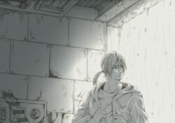  1boy ceiling collarbone commentary_request graphite_(medium) greyscale indoors jacket long_hair long_sleeves looking_away looking_back machi_(ch1ja) male_focus monochrome original outdoors ponytail rain serious shirt solo traditional_media wall water wet 