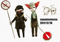  4boys bandage bandana clown coat deimos_(madness_combat) fingerless_gloves green_skin hank_j._wimbleton madness_combat multiple_boys red_hair sanford stop_sign sunglasses tricky_the_clown welding_mask 