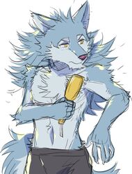  anthro brush canid canine canis clothed clothing fluffy hair hati_(tas) kemono lifewonders long_hair male mammal simple_background skinny solo star_parlor tokyo_afterschool_summoners topless white_background wolf 