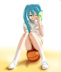  aqua_eyes aqua_hair ball basketball basketball_(object) bottle commentary_request female hatsune_miku long_hair microsd_(pibo) one_eye_closed sitting smile socks solo twintails vocaloid water_bottle 