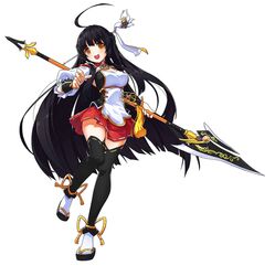  ahoge alternate_costume ara_haan artist_request black_hair black_thighhighs blunt_bangs breasts elsword female hair_ornament hairpin highres large_breasts little_xia_(elsword) long_hair official_art polearm polearm_behind_back sandals simple_background solo spear thighhighs very_long_hair weapon white_background 