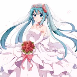  aqua_eyes aqua_hair blush bouquet commentary_request dress earrings eighth_note elbow_gloves female flower gloves hair_flower hair_ornament hatsune_miku jewelry long_hair looking_at_viewer musical_note musical_note_earrings smile snowmi solo tiara twintails veil very_long_hair vocaloid wedding_dress white_background white_dress white_gloves 