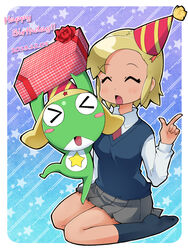  &gt;_&lt; 1boy ^_^ angol_mois birthday blonde_hair breasts closed_eyes commentary_request dark-skinned_female dark_skin female frog hair_ornament hakkatou happy_birthday keroro keroro_gunsou medium_breasts pleated_skirt school_uniform seiza short_hair sitting skirt sweater_vest 