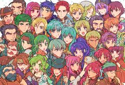  6+boys 6+girls amelia_(fire_emblem) aqua_hair armor artur_(fire_emblem) bare_shoulders blonde_hair blue_eyes blue_hair blush braid breasts cape colm_(fire_emblem) commentary_request cormag_(fire_emblem) dozla_(fire_emblem) dragon_girl dragon_wings dress duessel_(fire_emblem) earrings eirika_(fire_emblem) ephraim_(fire_emblem) ewan_(fire_emblem) facial_mark fingerless_gloves fire_emblem fire_emblem:_the_sacred_stones forde_(fire_emblem) forehead_mark franz_(fire_emblem) garcia_(fire_emblem) gerik_(fire_emblem) gilliam_(fire_emblem) gloves green_eyes green_hair highres holding innes_(fire_emblem) jewelry joshua_(fire_emblem) knoll_(fire_emblem) kyle_(fire_emblem) l&#039;arachel_(fire_emblem) long_hair looking_at_viewer lute_(fire_emblem) marisa_(fire_emblem) medium_breasts mogall moulder_(fire_emblem) multi-tied_hair multiple_boys multiple_girls myrrh_(fire_emblem) natasha_(fire_emblem) neimi_(fire_emblem) noshima one_eye_closed open_mouth pegasus_knight_uniform_(fire_emblem) pink_hair ponytail purple_eyes purple_hair red_eyes red_hair rennac_(fire_emblem) ross_(fire_emblem) saleh_(fire_emblem) seth_(fire_emblem) short_hair single_braid smile syrene_(fire_emblem) tana_(fire_emblem) tethys_(fire_emblem) twin_braids twintails vanessa_(fire_emblem) wings 