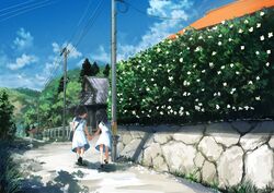  2girls absurdres bag black_footwear black_hair blue_sky buckle building bush cabin cloud commentary day dress fence flower from_behind grass highres holding_hands house inami_hatoko loafers lolicon multiple_girls original outdoors over_shoulder plant pole ponytail power_lines railing road rooftop running sailor_collar sailor_dress school_bag school_uniform shoes short_hair short_sleeves sky socks street white_dress white_socks 