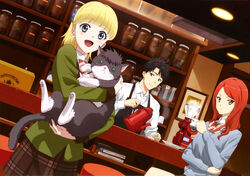  1boy 2girls :d absurdres alexandra_magritte animal apron black_apron black_eyes black_hair blonde_hair blue_eyes bow bowtie cup dress_shirt dutch_angle feline green_jacket highres holding holding_animal holding_cat holding_cup indoors jacket long_hair looking_at_viewer miniskirt multiple_girls nakajima_chiaki nyanko_big open_mouth orange_eyes pleated_skirt red_hair shirt short_hair sitting skirt smile standing striped_bow striped_bowtie striped_clothes tada-kun_wa_koi_wo_shinai tada_mitsuyoshi teresa_wagner white_shirt 