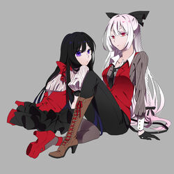  2girls albino alternate_color alternate_costume alternate_eye_color alternate_hairstyle back black_gloves black_hair boots bow braid brown_footwear commentary_request cross-laced_footwear fujiwara_no_mokou gloves grey_background hairbow high_heels highres hisame_(gocbu) houraisan_kaguya knee_boots lace-up_boots long_hair long_sleeves looking_at_viewer looking_back multiple_girls necktie pants puffy_sleeves purple_eyes red_eyes ribbon shirt short_sleeves simple_background sitting skirt striped_clothes striped_shirt thighhighs touhou vest white_hair 