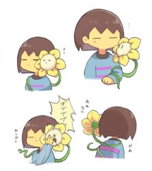  ... 1boy 1other =_= androgynous blue_sweater brown_hair closed_eyes colored_skin commentary_request eye_poke flower flowey_(undertale) frisk_(undertale) from_behind long_sleeves multiple_views poking sasa_kichi short_hair simple_background sweater undertale upper_body white_background yellow_skin 